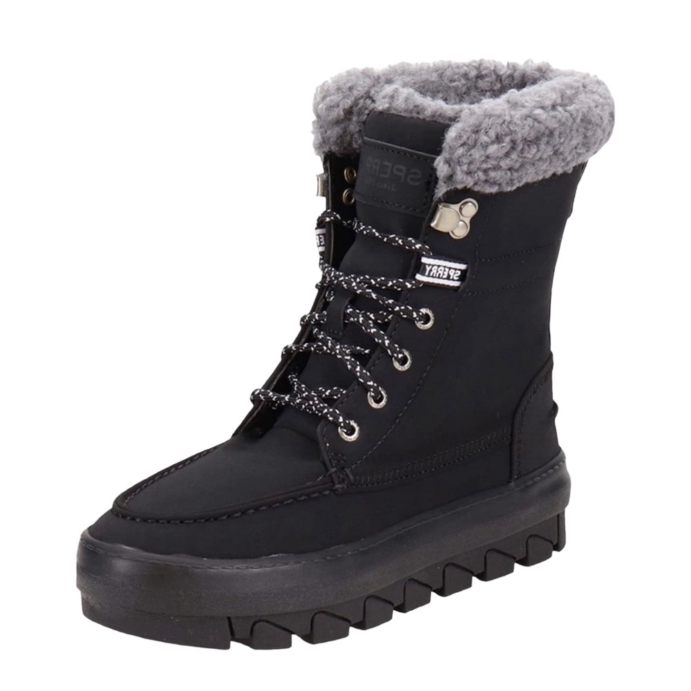 Sperry Juneau Black Faux Fur Collar Hiking Boot Women’s Size 7.5